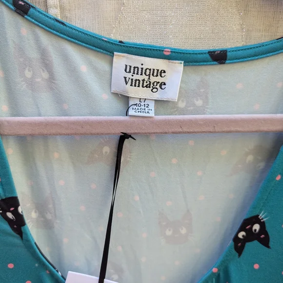 Unique Vintage Teal Cat Pattern Midi Dress - Picture 5 of 13